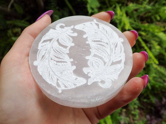 Satin Spar (Selenite) Charging Plate - Feathers